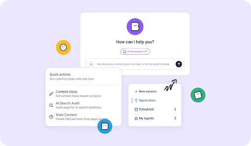 AI interface with a chat prompt asking "How can I help you?" and menu options for content ideas, AI search audit, and more on a pastel background.