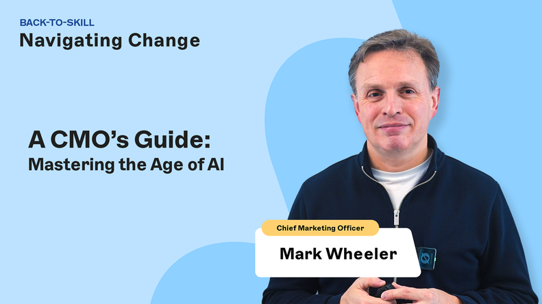 Man in a dark sweater stands against a blue background with text about a CMO's guide to AI. Name tag reads "Mark Wheeler, Chief Marketing Officer."