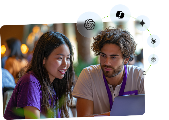 Two people engaged in conversation, looking at a laptop. Icons of popular AI tools are displayed above them, suggesting a tech-related discussion.