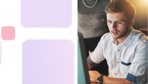 Man and woman collaborating at a computer, surrounded by abstract purple and blue shapes.