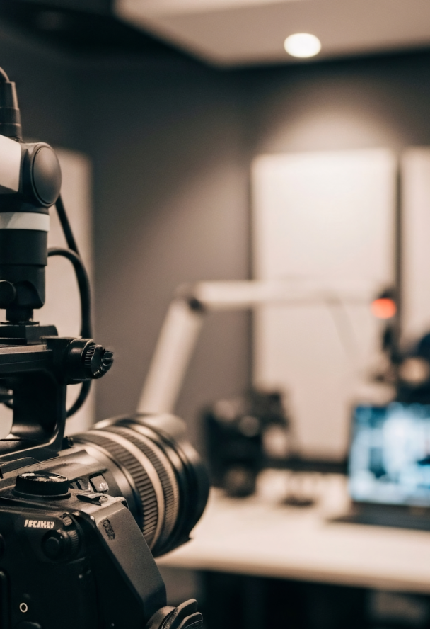 Close-up of a professional camera in a modern recording studio, with a blurred background featuring a microphone and a computer screen.