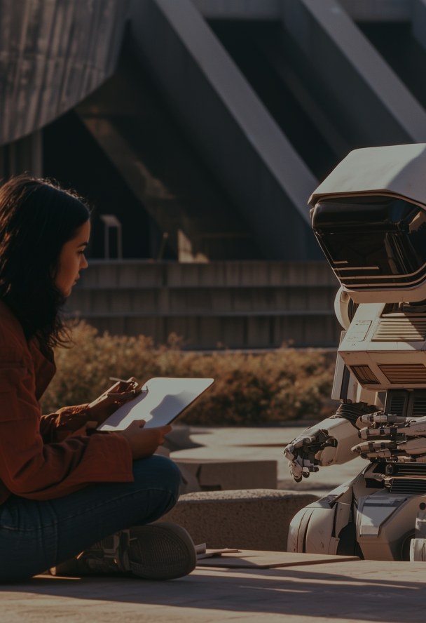 A woman with a notepad sits on the ground, interacting with a humanoid robot outdoors.