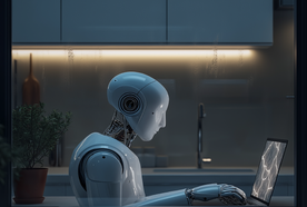 A humanoid robot sits at a table in a dimly lit kitchen, focused on a laptop. A potted plant is nearby.