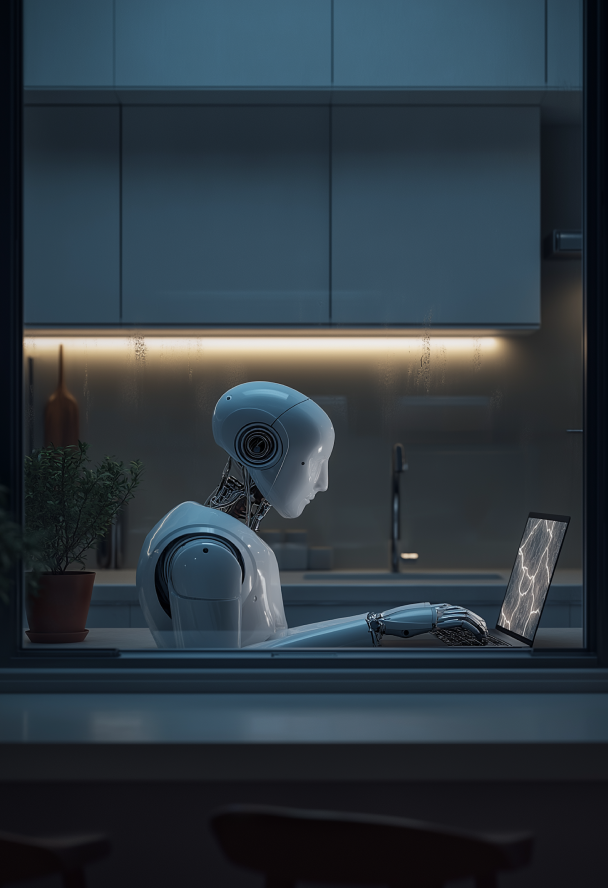 A humanoid robot sits at a table in a dimly lit kitchen, focused on a laptop. A potted plant is nearby.