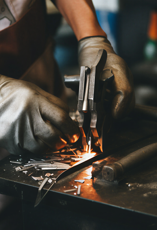 Close-up of a metalworker using a tool to cut metal, wearing protective gloves. Sparks fly amid scattered metal pieces on the worktable.