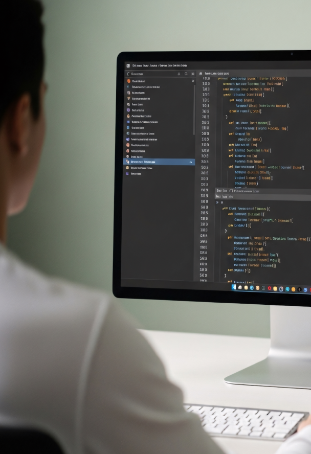 Person seen from behind viewing source code in a dark-themed editor on a large monitor above a white desk keyboard.