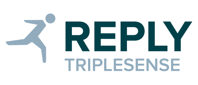 Logo with a stylized running figure next to the words "REPLY TRIPLESENSE" in bold, modern font.