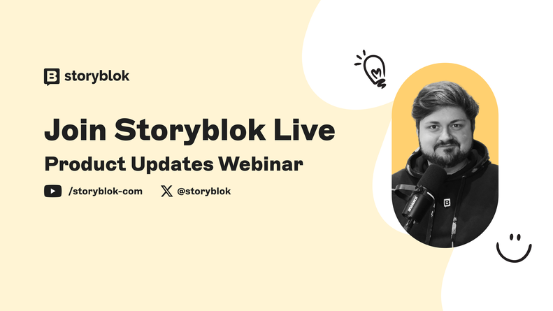 Graphic for Storyblok Live Product Updates Webinar with speaker, microphone, logos, and icons.