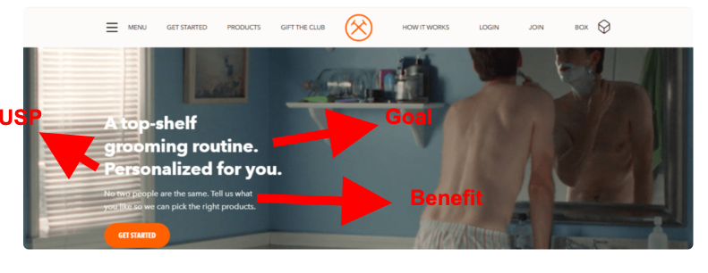 A website with a banner of a man shaving alongside advertising text, with parts highlighted in red.