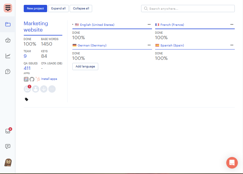 Lokalise dashboard