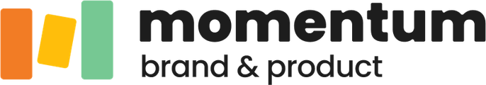 Logo with three vertical bars in orange, yellow, and green, followed by the text "momentum brand & product" in black.