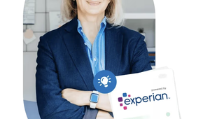 Smiling person in a blue suit with glasses, standing confidently. Experian document and blue checkmark icon are visible.