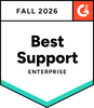 Award badge featuring "Fall 2026" and "Best Support Enterprise" with the G2 logo in the corner.