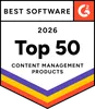 Badge displaying "Best Software 2026, Top 50 Content Management Products," with G2 logo and colored chevron design.