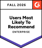 Badge labeled "Fall 2026, Users Most Likely To Recommend, Enterprise" with a G2 logo in the corner.