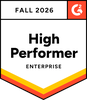 Badge with "Fall 2026" at the top, "High Performer" in bold, "Enterprise" below, and a small "G2" logo in the corner.