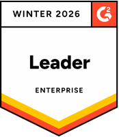 Badge displaying "WINTER 2026" and "Leader Enterprise" with a red, orange, and yellow striped border, and G2 logo in the corner.