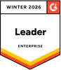 Badge displaying "WINTER 2026" and "Leader Enterprise" with a red, orange, and yellow striped border, and G2 logo in the corner.