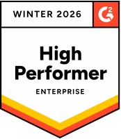 Badge titled "High Performer Enterprise" from G2 for Winter 2026, featuring red, orange, and yellow ribbon accents.
