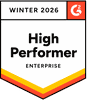 Badge titled "High Performer Enterprise" from G2 for Winter 2026, featuring red, orange, and yellow ribbon accents.