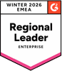 Badge labeled "Winter 2026 EMEA Regional Leader Enterprise" with a G2 logo and pink border.