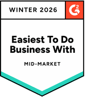 Badge labeled "Winter 2026, Easiest To Do Business With, Mid-Market," featuring the G2 logo.