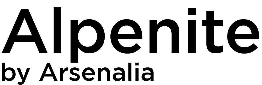 The image displays the text "Alpenite by Arsensalia" in bold, black letters on a white background.