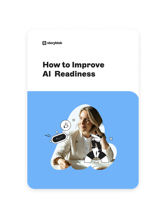Cover titled "How to Improve AI Readiness" with a woman in a white blazer, doodles of robots, and a blue background.