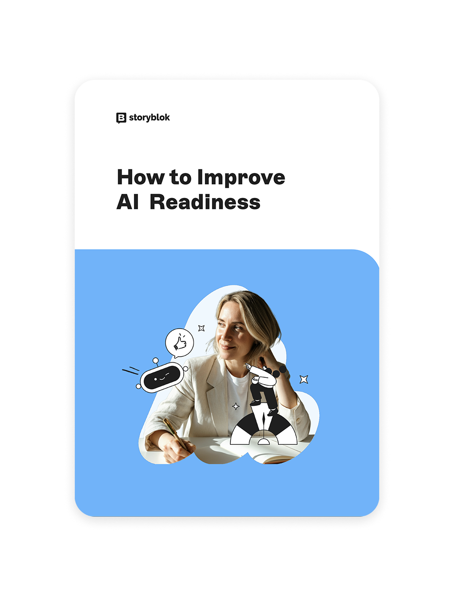 Cover titled "How to Improve AI Readiness" with a woman in a white blazer, doodles of robots, and a blue background.