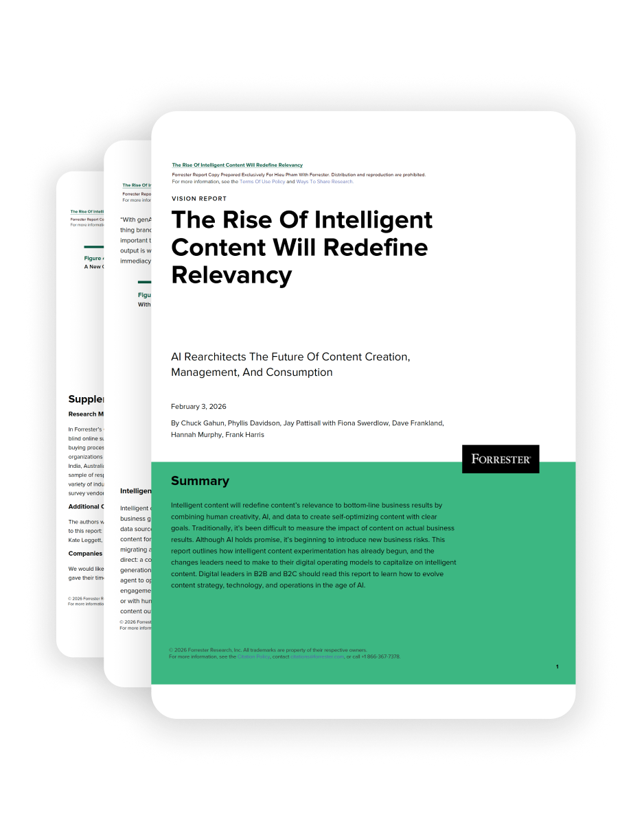 Cover of a Forrester research report titled "The Rise Of Intelligent Content Will Redefine Relevancy" with a green section and summary text.