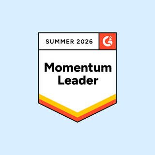 Badge reads "Summer 2026 Momentum Leader" with a G2 logo, on a gradient yellow-red design, set against a light blue background.