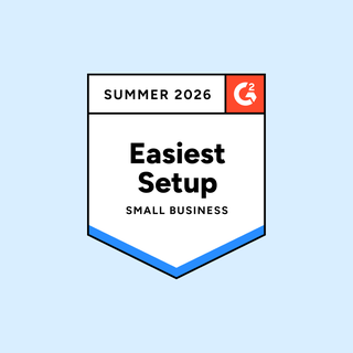 Award badge labeled "Summer 2026" for "Easiest Setup" in small business, with G2 logo on a light blue background.