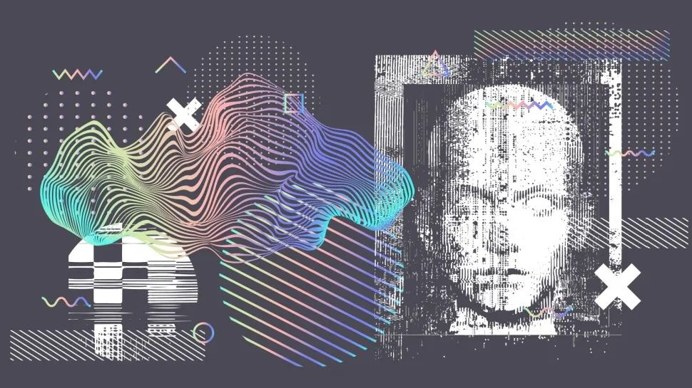 Abstract digital art with a pixelated face, colorful wavy lines, geometric shapes, and a dark background.