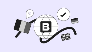 Abstract illustration with a globe and a "B" symbol, surrounded by a chat bubble, flags, credit card, and location pin on a light purple background.