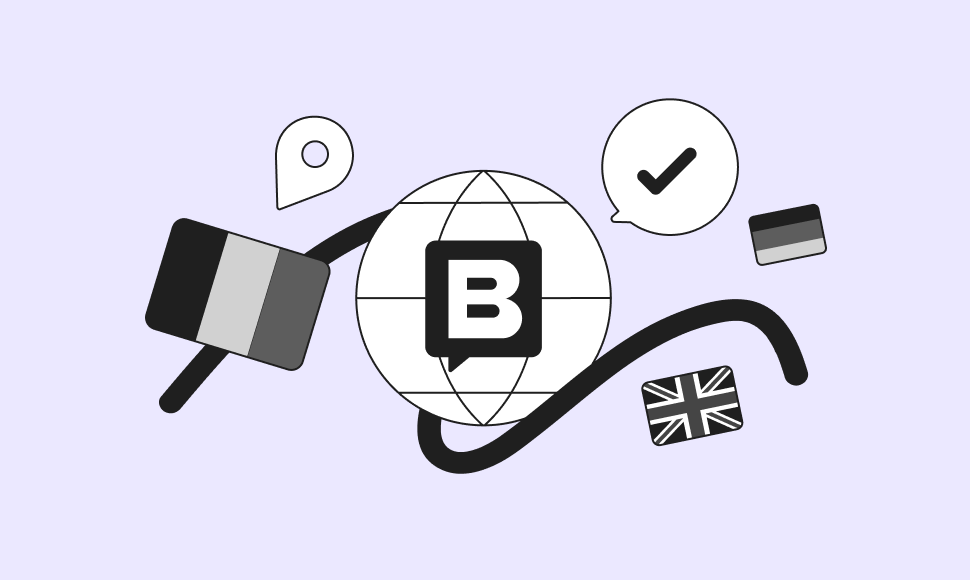Abstract illustration with a globe and a "B" symbol, surrounded by a chat bubble, flags, credit card, and location pin on a light purple background.