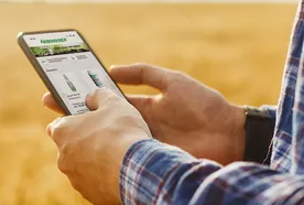 Person using a smartphone with an agricultural app in a wheat field, wearing a plaid shirt.