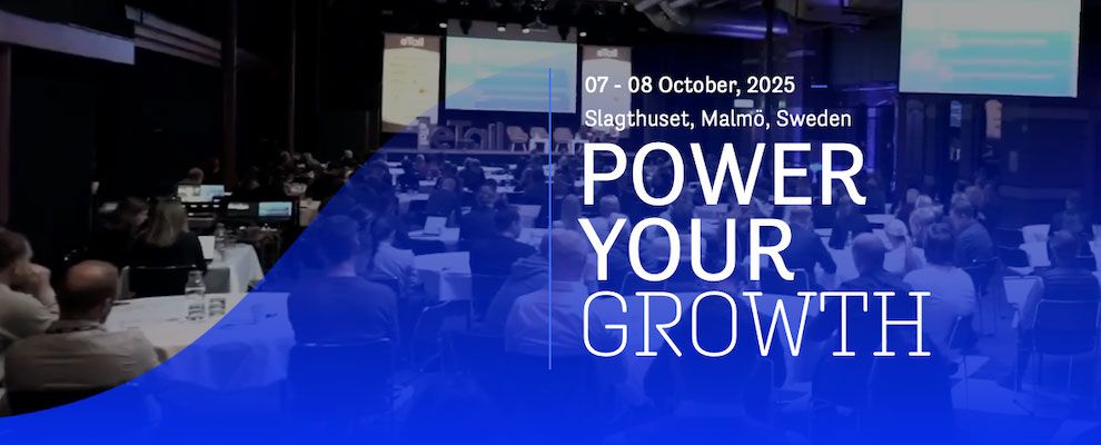 Conference with attendees seated at tables, stage with screens, and text: "Power Your Growth, 07-08 October, 2025, Slagthuset, Malmö, Sweden."