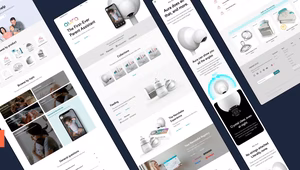 Screenshot displaying several angled Nanobébé website pages, including product listings, the Aura baby monitor feature page, and a help or FAQ section. The design features clean white layouts with soft pastel accents, product imagery of baby bottles and accessories, and lifestyle photos of parents with babies, all set against a dark navy background with orange decorative shapes.