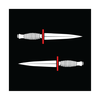 Two white daggers with red guards, positioned horizontally on a black background.