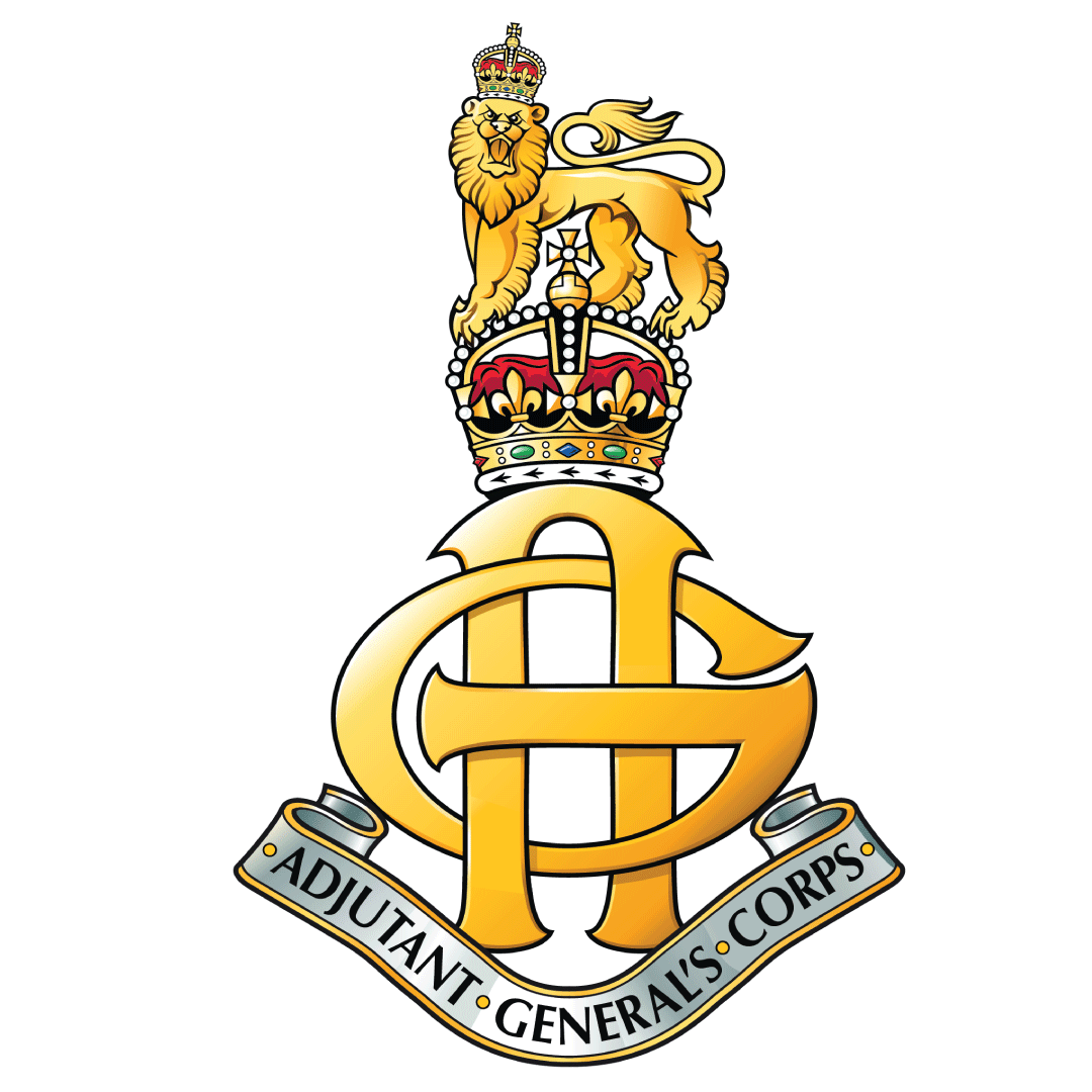 Emblem of the Adjutant General's Corps featuring a gold intertwined monogram, crown, and lion, with a banner below.