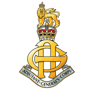 Emblem of the Adjutant General's Corps featuring a gold intertwined monogram, crown, and lion, with a banner below.