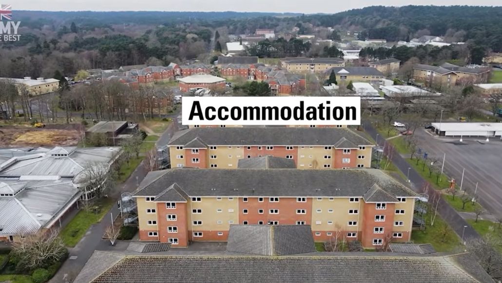 Aerial view of accommodation block on an army camp with a title 'accommodation' displaying.