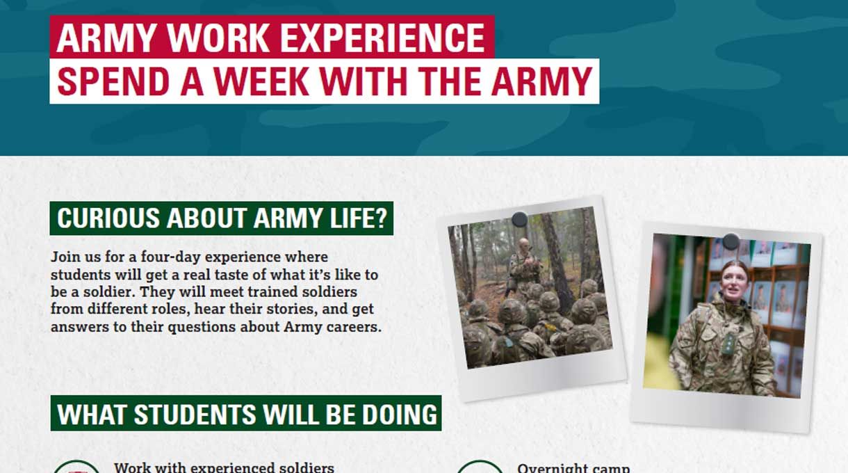 Promotional poster for an army work experience. Includes images of soldiers and text about activities like meeting soldiers and overnight camps.