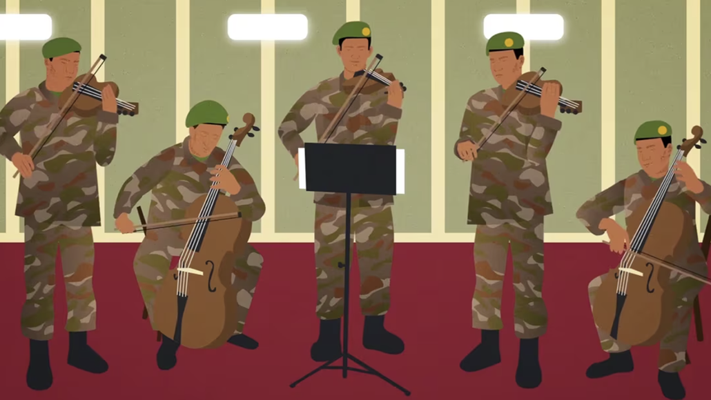 Animation of musicians in camo playing string instruments