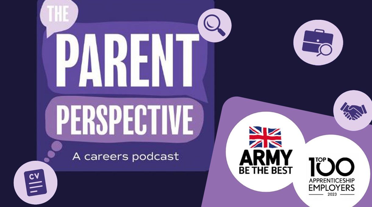 Purple-themed graphic for "The Parent Perspective" careers podcast, featuring icons and logos for CV, Army, and Top 100 Apprenticeship Employers 2023.