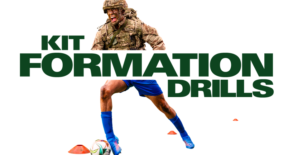 A person in army gear and another in a soccer kit with "Kit Formation Drills" text overlaying the image.