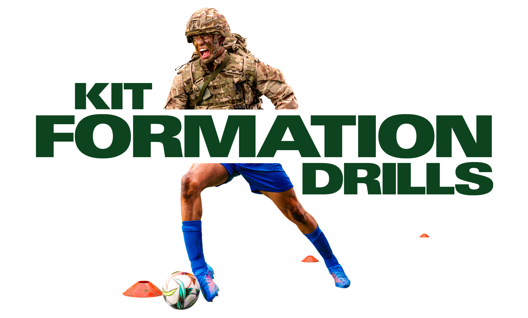 A person in army gear and another in a soccer kit with "Kit Formation Drills" text overlaying the image.