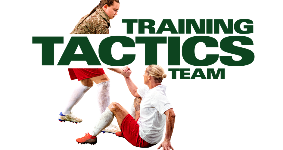 Soccer player helps another up on the field, with "Training Tactics Team" text in bold green above.
