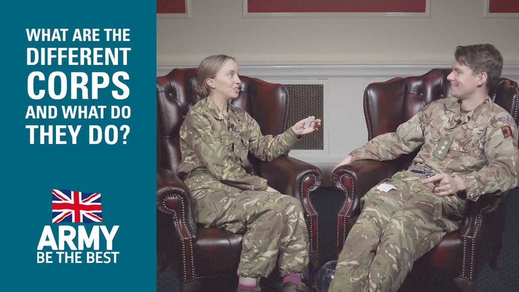 Two people in military uniforms sit in armchairs, talking. Text on the left reads, "What are the different corps and what do they do?"