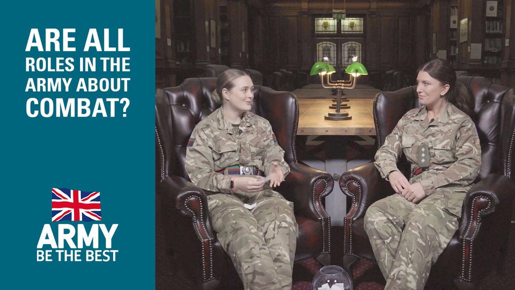 Two soldiers in camouflage sit in leather chairs discussing roles in the army. Text reads, "Are all roles in the army about combat?"